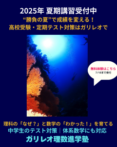 2025年夏期講習受付中。高校受験・定期テスト対策に対応した理系専門の個別指導塾「ガリレオ理数進学塾」の案内バナー。