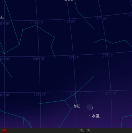 2025年6月27日、月齢2.0の三日月と水星が西の空に並んで見える様子の天体シミュレーション図