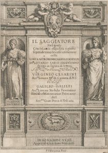 ガリレオ・ガリレイ『Il Saggiatore』初版本（1623年）タイトルページ。自然哲学と数学を象徴する寓意像が描かれている