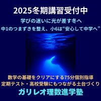 2025年冬期講習の案内バナー画像。中学1年生と新中1準備の小6向けに、数学のつまずきを整える個別指導を案内するガリレオ理数進学塾の冬期講習。