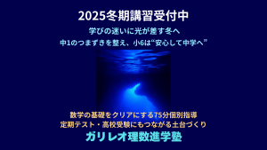 2025年冬期講習の案内バナー画像。中学1年生と新中1準備の小6向けに、数学のつまずきを整える個別指導を案内するガリレオ理数進学塾の冬期講習。